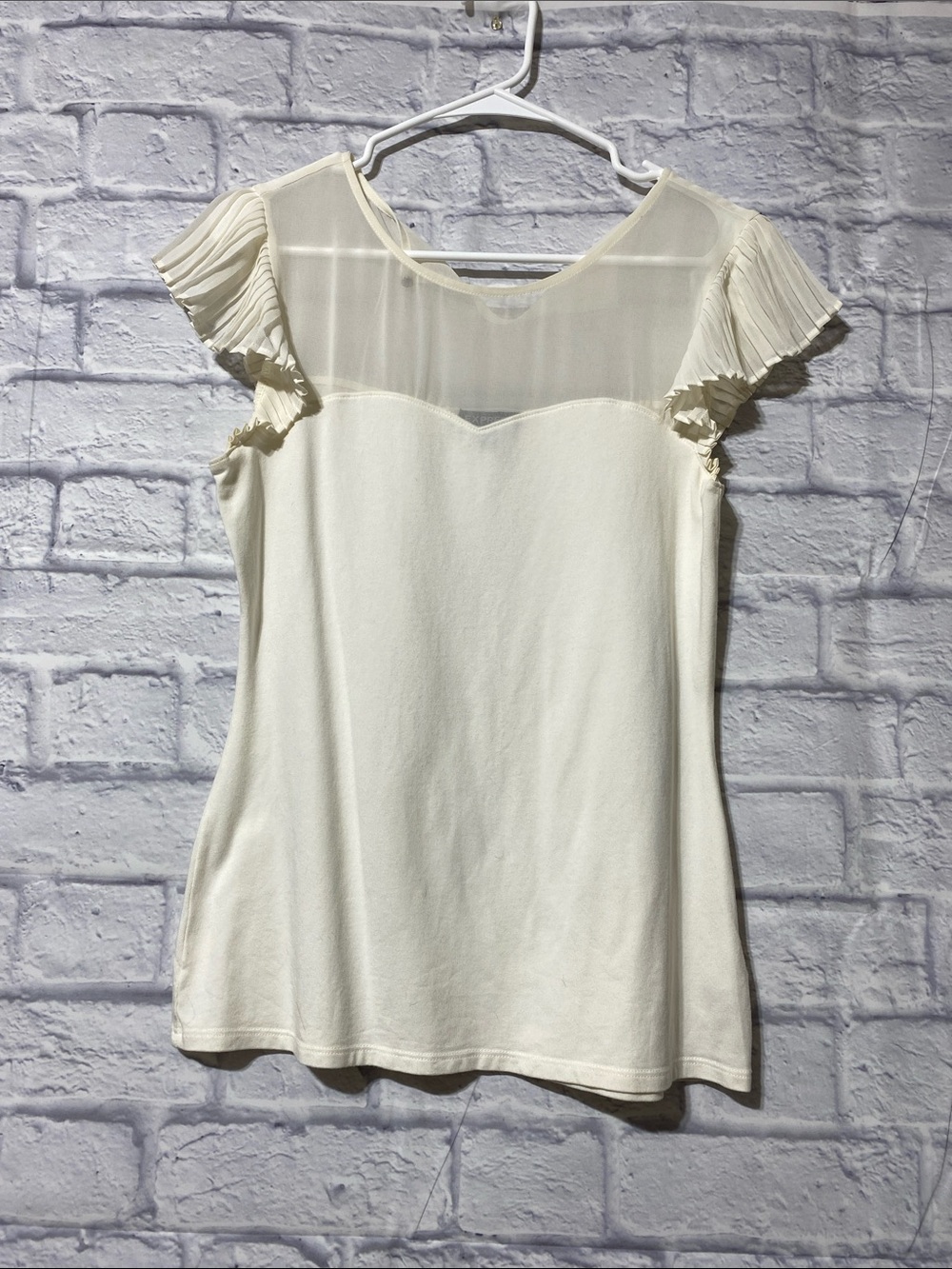 Express Cream Sheer Yoke Top with Pleated Cap Sleeves